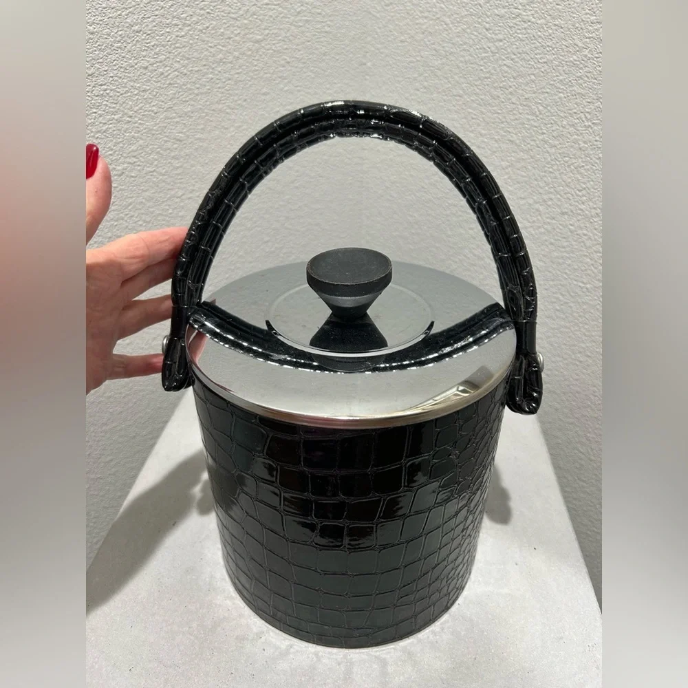 Vintage! Black Faux Leather Ice Bucket